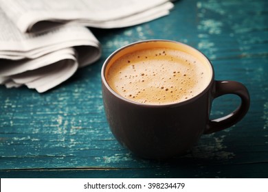 Coffee Mug With Newspaper On Teal Rustic Table, Cozy Breakfast, Vintage Style