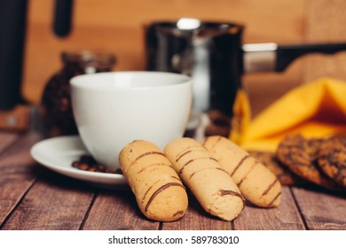 coffee mug tea on the table cookies and sweets