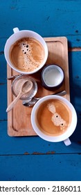 Coffee Mugs Overhead View Americano On Wooden Board