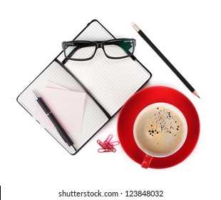 Coffee and office supplies. View from above. Isolated on white background - Powered by Shutterstock