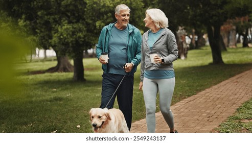 Coffee, old couple and walking dog in park together for outdoor fitness, health or wellness. Exercise, hobby or smile with senior man and woman training pet Labrador in nature for animal obedience - Powered by Shutterstock