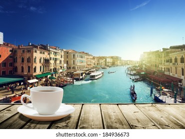 Coffee On Table And Venice In Sunset Time, Italy