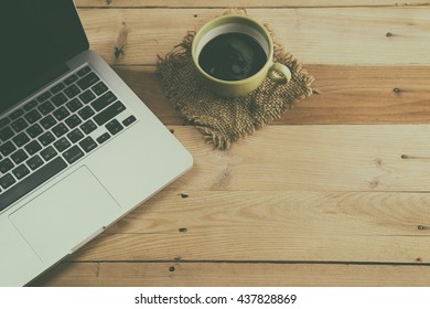 Coffee On Wood Table Background, Salary Man Wake Up Morning With Coffee, Work At Home Concept.