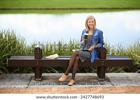 Coffee, park and portrait of woman on bench with newspaper for lunch break, relax and calm in nature. Happy, reading and person outdoors with caffeine drink, beverage and tea by lake on weekend