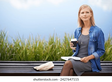 Coffee, park and woman on bench thinking with books for lunch break, relax and calm in nature. Contemplating, reading and person outdoors with caffeine drink, beverage and tea by lake on weekend - Powered by Shutterstock