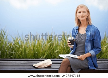 Coffee, park and woman on bench thinking with books for lunch break, relax and calm in nature. Contemplating, reading and person outdoors with caffeine drink, beverage and tea by lake on weekend