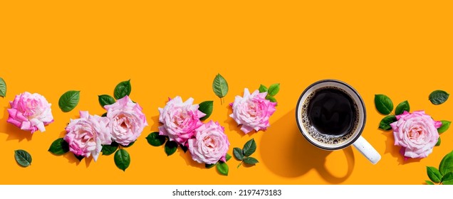 Coffee With Pink Roses Overhead View - Flat Lay