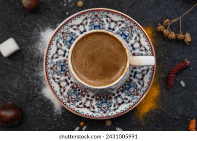 Coffee Pot (Cezve), Coffee, Turkish Coffee Cup (Turk Kahvesi) and Coffee Beans Photo, Colorful Eid Mubarak Candy and Chocolate Uskudar, Istanbul, Turkiye (Turkey)