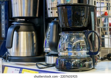 Coffee Pots On A Supermarket Shelf Or Showcase. Illustrative Editorial. March 18, 2022 Beltsy Moldova