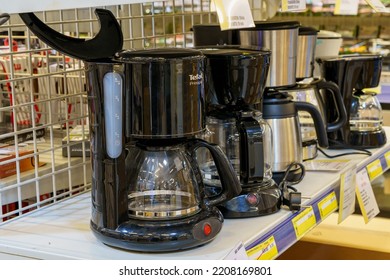 Coffee Pots On A Supermarket Shelf Or Showcase. Illustrative Editorial. March 18, 2022 Beltsy Moldova