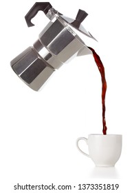coffee poured from a flying moka into a cup isolated on white