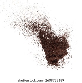 Coffee powder fly explosion, Coffee crushed float explode, abstract cloud fly. Coffee dust powder splash throwing in Air. White background Isolated high speed shutter, freeze motion