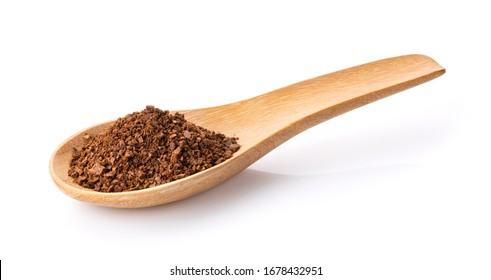Coffee Powder In Wood Spoon  Isolated On White Background 