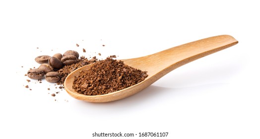Coffee Powder In Wood Spoon  Isolated On White Background 
