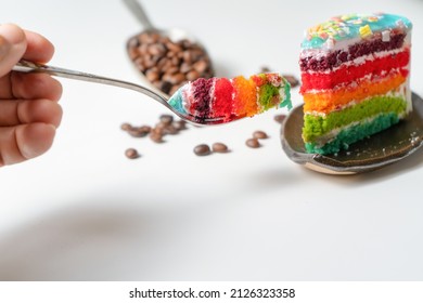 Coffee With Rainbow Cake White Background