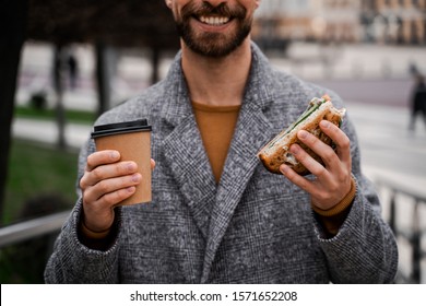 Coffee And Sandwich Take Away For Lunch. Natural Vegan Healthy Fast Food, Snack For Businessman Who Walking On The Way To Work Office And Having Breakfast En Route. Business People Lifestyle. 