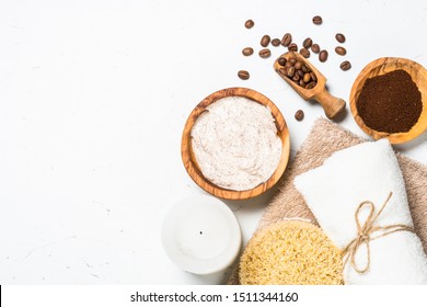 Coffee Scrub From Sea Salt, Cosmetic Oil And Coffee. Natural Spa Beauty Background. Flat Lay Image On White.