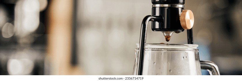 coffee shop, alternative brew, siphon coffee maker with glass coffee pot in modern cafe, banner - Shutterstock ID 2336714719
