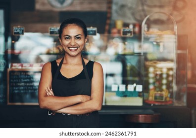 Coffee shop, business owner or portrait of happy woman with arms crossed in startup or restaurant with smile. About us, entrepreneur or proud waitress ready for service, sale or excellence in cafe - Powered by Shutterstock