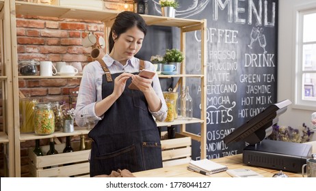 coffee shop business owner wearing apron holding mobile phone at counter bar. woman staff using smartphone answering call at cafe store. young woman waitress texting message cellphone in coffeehouse