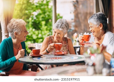 Coffee shop, funny and senior women talking, laughing and having friends reunion, retirement chat or social group. Restaurant, tea and elderly people in happy conversation for pension or cafe cafe