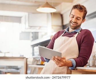 Coffee shop, happy and man on tablet for online menu, check stock and inventory for orders. Restaurant, cafeteria and small business owner on digital tech for social media, networking and website - Powered by Shutterstock