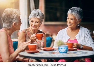 Coffee shop, happy and senior women talking, discussion and having friends reunion, retirement chat or social group. Restaurant, tea and elderly people in conversation for pension, discount and cafe - Powered by Shutterstock