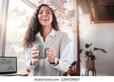 Coffee shop, happy woman and laptop screen for business startup, remote work or recycling project and sustainability. Happy biracial person at Internet cafe for website ideas, inspiration or planning - Powered by Shutterstock