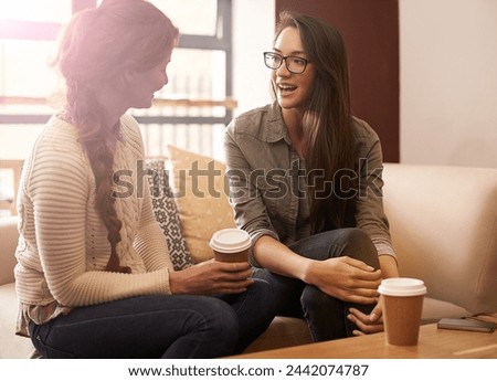 Coffee shop, happy and women relax with drink in conversation, talking and chat for social visit. Friends, discussion and people with caffeine, cappuccino and beverage in restaurant, cafe and store