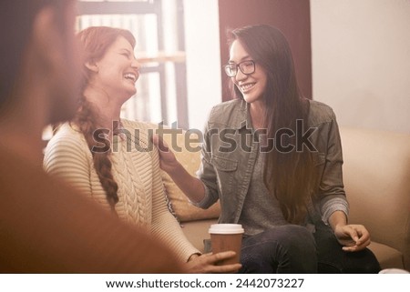 Coffee shop, laugh and women with drink in conversation, talking and chatting for social visit. Friends, discussion and people with caffeine, cappuccino and beverage in restaurant, cafe and store
