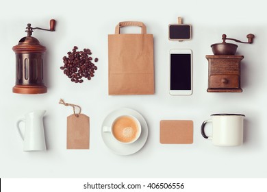 Coffee Shop Mock Up Template For Branding Identity Design. View From Above. Flat Lay