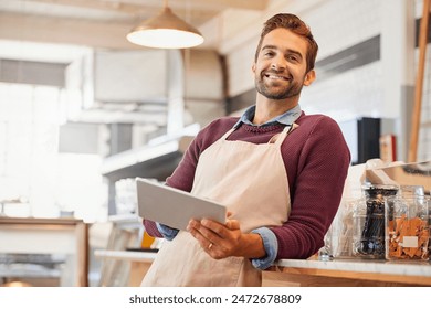 Coffee shop, portrait and man on tablet for online menu, check stock and inventory for order. Restaurant, cafeteria and small business owner on digital tech for social media, networking and website - Powered by Shutterstock