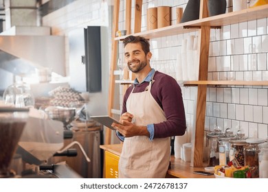 Coffee shop, restaurant and man on tablet for online menu, checking stock and inventory. Small business, cafeteria and happy owner or waiter on digital tech for social media, networking and website