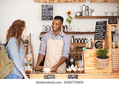 Coffee, smile and barista serving woman in bakery, cafe or deli for small business retail or food industry. Diversity, startup or bistro and man server or waiter in restaurant with customer for order - Powered by Shutterstock