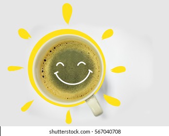 Coffee Smile And Sun On White Background Good Morning Concept