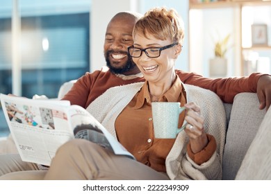 Coffee, Sofa And Senior Couple With Newspaper Reading Story Or Article While Drinking Espresso. Black Couple, Tea And Happy Man And Woman Relax In House, Enjoying Quality Time Together And Bonding.