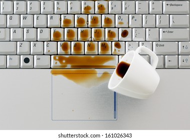 Coffee spilled on keyboard close up shot