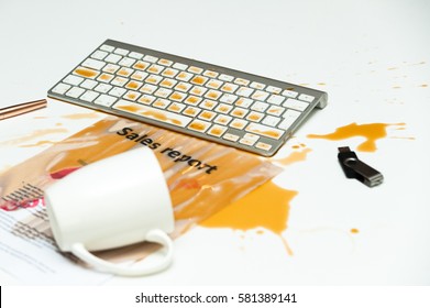 Coffee Spilled On Modern Keyboard