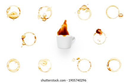 Coffee Spilling From Cup On White Table, Set Collection Of Coffee Stain Isolated On White Background, Top View, Flat Lay