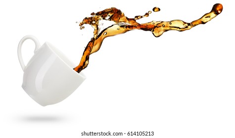 coffee spilling out of a mug isolated on white background