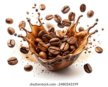 Coffee Splash with Coffee Beans on White Background