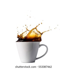 Coffee Splash From A Cup Isolated On White Background 