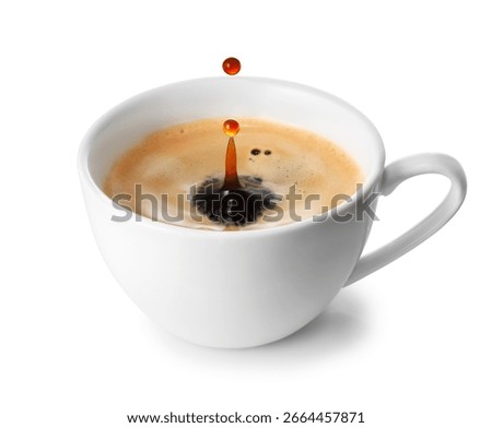 Coffee splash with drop inside ceramic espresso cup, featuring rich crema on top, isolated on white background. File contains clipping path