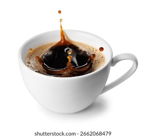 Coffee splash inside ceramic espresso cup isolated on white background. File contains clipping path