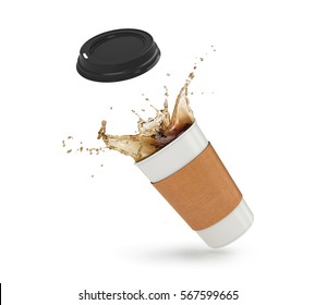 Coffee Splash In Paper Coffee Cup Isolated