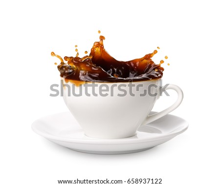 Coffee splashing out of a cup isolated on white background.
