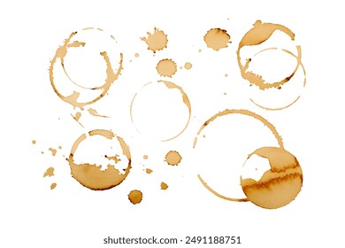 Coffee stains isolated on white background. Coffee prints.Round stain isolated, cafe stain fleck drink beverage. Coffee and Tea Stains cup rings. round trace of spilled coffee. Mockup. Copy space - Powered by Shutterstock