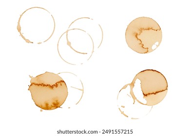 Coffee stains isolated on white background. Coffee prints.Round stain isolated, cafe stain fleck drink beverage. Coffee and Tea Stains cup rings. round trace of spilled coffee. Mockup. Copy space - Powered by Shutterstock