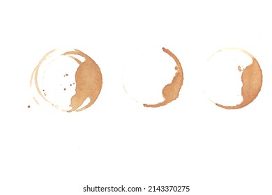 Coffee stains and splashes, dirty brown cup rings. Splash ring form coffee mug, circle stain dirty mark on paper
