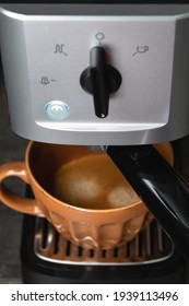 Coffee Station At Home. Double Espresso Pouring From Coffee Machine. Selective Focus